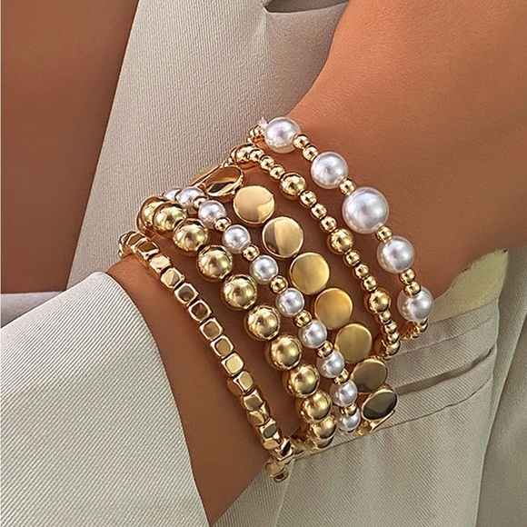 Jewelry - Gold & Pearl Layered Bracelet Set - Women's Jewelry